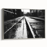 Framed canvas wall art featuring a serene landscape with railroads, highlighted by silver accents, perfect for modern decor. Ideal for enhancing home or office interiors.