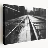 Stretched canvas wall art showcasing a vibrant railroad landscape design in rich colors, perfect for modern home decor, displayed from a side view.