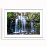 Framed wall art featuring a vibrant rainforest design, showcasing lush greenery and tropical elements. The artwork is presented in a white frame with a mat, enhancing its visual appeal, perfect for nature-inspired decor.