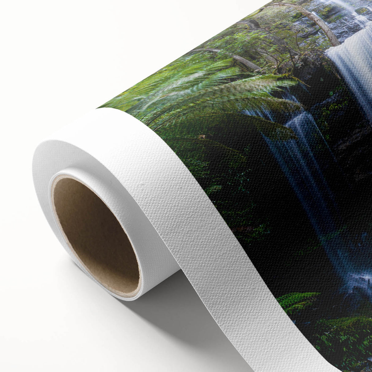 Lush rainforest landscape wall art design printed on rolled canvas, showcasing vibrant greens and intricate details, perfect for nature-inspired decor.