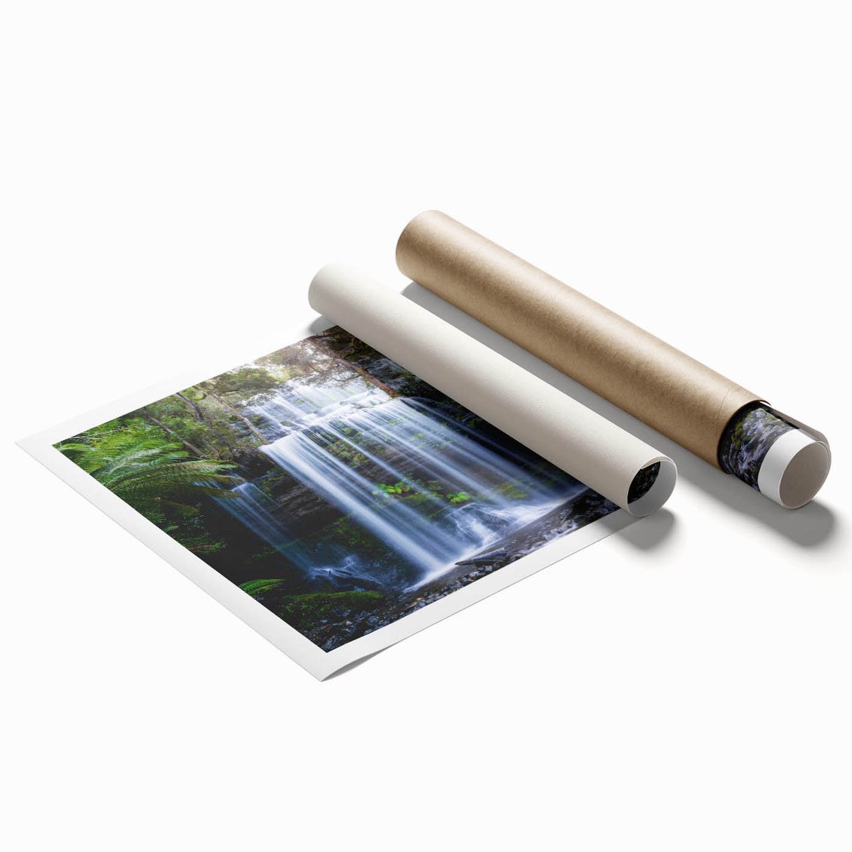 Rolled print of vibrant rainforest landscape art featuring lush greenery and tropical colors, designed for home decor, packaged securely in a protective tube.
