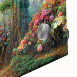 Close-up of a vibrant rainforest landscape wall art design printed on acrylic glass, showcasing rich greens and blues, perfect for adding natural beauty to home décor.