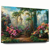 Acrylic glass wall art piece showcasing a vibrant rainforest landscape design, featuring lush greenery and colorful flora, elegantly pinned for display.