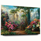 Acrylic glass wall art depicting a vibrant rainforest landscape, showcasing lush greenery and intricate details, designed for an elegant interior decor accent.
