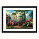 Framed wall art showcasing a vibrant rainforest landscape design, featuring lush greenery and colorful flora, presented in a sleek black frame with a white mat.