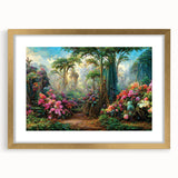 Framed wall art featuring a vibrant rainforest landscape design with a gold mat and frame, perfect for enhancing home decor with nature-inspired aesthetics.
