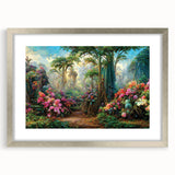 Framed wall art showcasing a vibrant rainforest landscape design, featuring lush greenery and intricate details, set in a sleek silver frame with matting for an elegant touch. Perfect for enhancing home decor and bringing nature indoors.