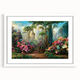 Framed rainforest landscape wall art design featuring vibrant green foliage and intricate details, set in a white mat, perfect for nature-themed decor.