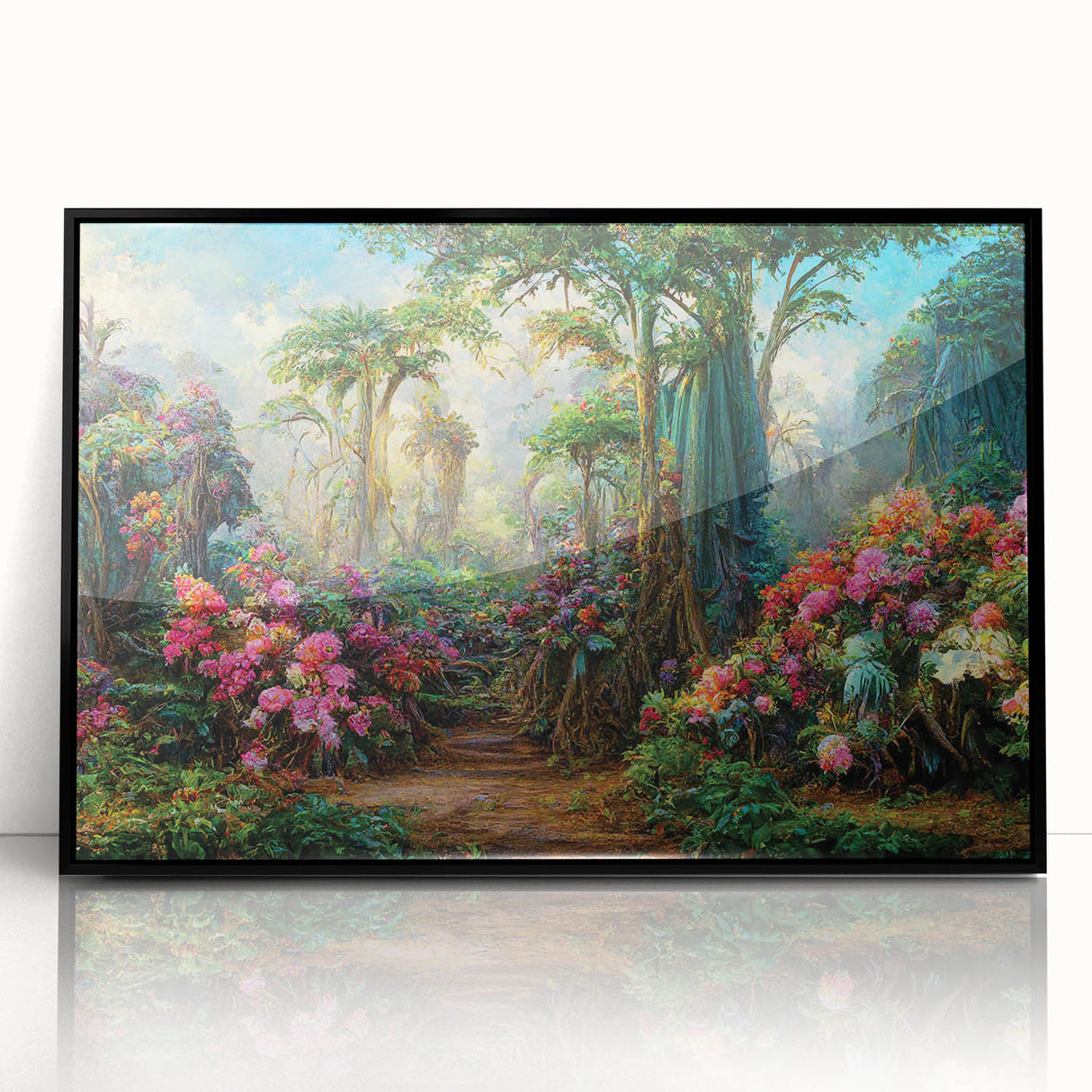 Framed acrylic wall art showcasing a vibrant rainforest landscape design with lush greenery and colorful flora, featuring a sleek black frame for modern decor. Ideal for nature enthusiasts and home decoration.