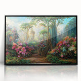 Framed acrylic wall art showcasing a vibrant rainforest landscape design with lush greenery and colorful flora, featuring a sleek black frame for modern decor. Ideal for nature enthusiasts and home decoration.