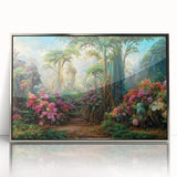 Framed acrylic wall art depicting a vibrant rainforest landscape, showcasing lush green foliage and a silver frame, ideal for enhancing modern home decor.