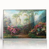 Framed wall art showcasing a vibrant rainforest landscape design, featuring lush greenery and tropical plants, with a sleek white frame, ideal for home decor.