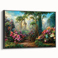 Framed canvas wall art depicting a vibrant rainforest landscape with lush greenery and intricate details, featuring a sleek black frame, ideal for home decor.