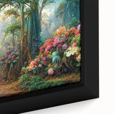 Close-up of a vibrant rainforest-themed wall art canvas, showcasing lush green foliage and intricate details, framed for an elegant display in any room.