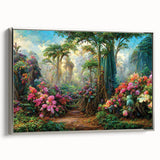 Framed canvas art showcasing a vibrant rainforest landscape, featuring lush greenery and vivid colors, with a sleek silver frame enhancing its modern appeal. Ideal for nature-inspired decor.