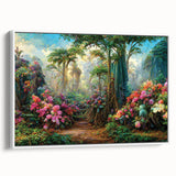Framed canvas wall art depicting a vibrant rainforest landscape with lush green foliage and tropical plants, displayed from a side view against a white background.