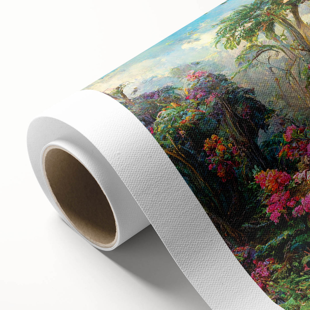 Vibrant rainforest-themed rolled canvas wall art showcasing lush greenery and tropical flora, ideal for home decor and nature enthusiasts, packaged securely.