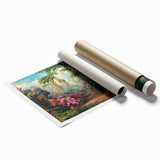 Vibrant rolled print showcasing a lush rainforest landscape with rich greens and earthy tones, ideal for home decor; elegantly packaged in protective cardboard tube.