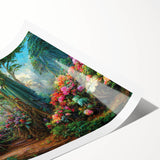 Vibrant rainforest landscape wall art print showcasing lush green foliage and tropical flora, rolled for easy display and transport in a protective tube.