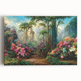 Vibrant stretched canvas wall art featuring a lush rainforest landscape design, showcasing rich greens and earthy tones, perfect for home decor and nature lovers.