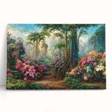 Vibrant rainforest landscape wall art design on stretched canvas, showcasing lush greenery and colorful flora, perfect for enhancing home decor with nature-inspired aesthetics.