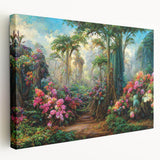 Stretched canvas artwork showcasing a vibrant rainforest landscape design, highlighting lush greenery and intricate details, perfect for nature-inspired decor.