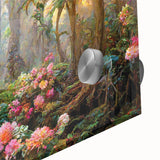 Close-up of a vibrant rainforest landscape wall art design, showcasing rich greens and intricate details, printed on high-quality acrylic glass for a stunning visual impact. Ideal for nature enthusiasts and home decor lovers seeking a tropical aesthetic.