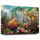 Vibrant rainforest landscape wall art design printed on acrylic glass, showcasing rich greens and blues with a sleek side view, perfect for modern decor accents.