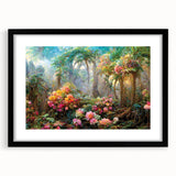 Framed wall art featuring a vibrant rainforest landscape design, with a black mat and frame, adding a touch of nature to home decor. Ideal for nature lovers.