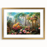 Framed wall art featuring a vibrant rainforest landscape design, elegantly presented with a gold mat. Ideal for enhancing home decor with nature-inspired aesthetics.