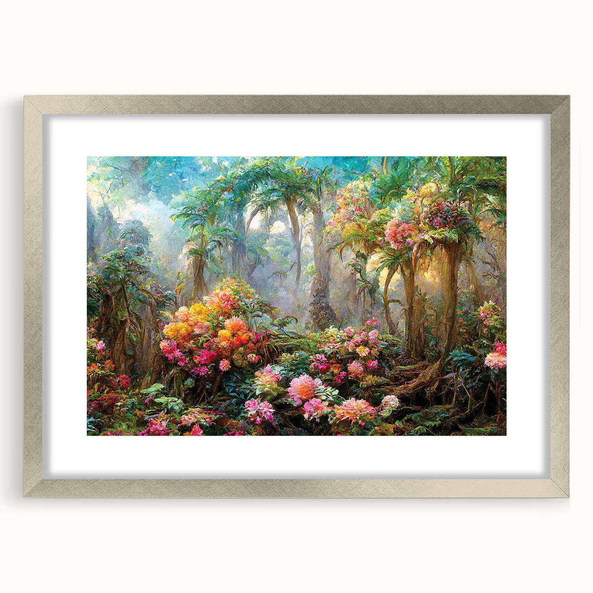 Framed rainforest wall art design featuring vibrant green foliage and intricate details, set in a sleek silver frame with a white mat, ideal for nature-inspired decor.
