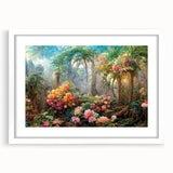 Framed wall art featuring a vibrant rainforest landscape design, presented with a white mat and sleek frame, perfect for enhancing indoor decor.