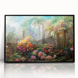 Framed acrylic wall art showcasing a vibrant rainforest landscape design with lush greenery and bright colors, perfect for home decor in modern settings.