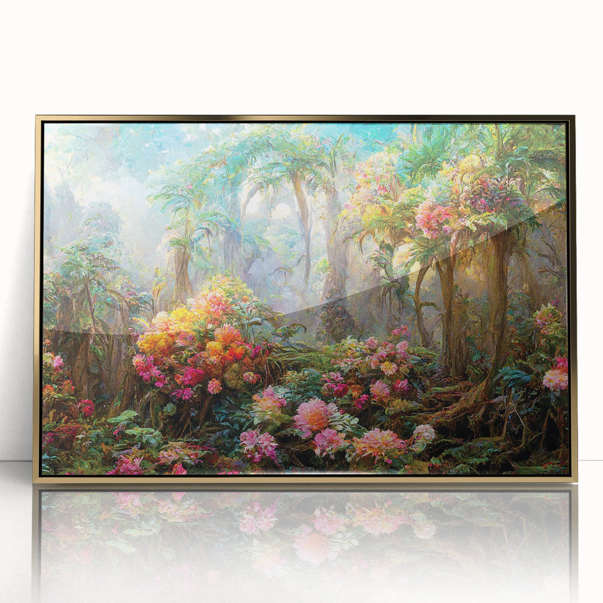 Framed acrylic wall art showcasing a lush rainforest landscape, featuring vibrant greens and gold accents, perfect for enhancing any modern decor.