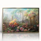 Framed acrylic wall art showcasing a lush rainforest landscape, featuring vibrant greens and gold accents, perfect for enhancing any modern decor.