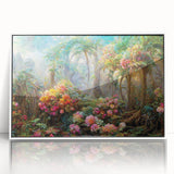 Framed acrylic wall art featuring a vibrant rainforest landscape design with lush green foliage and colorful flora, set against a white background for a modern touch.