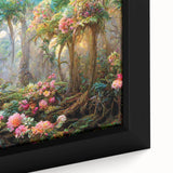 Framed canvas wall art showcasing a vibrant rainforest landscape design, featuring lush green foliage and intricate details, perfect for home decor. This close-up emphasizes the rich colors and textures, enhancing any interior space with a natural aesthetic.