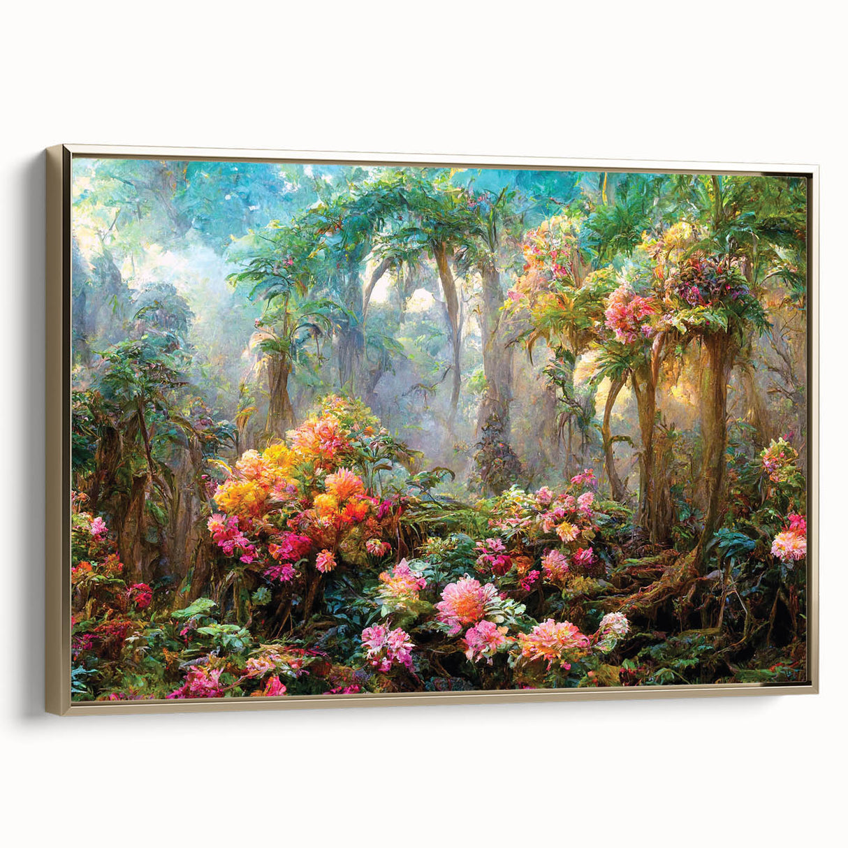 Framed canvas wall art showcasing a vibrant rainforest landscape design with rich green foliage and gold accents, presented in an elegant side view.