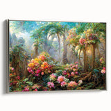 Framed wall art featuring a vibrant rainforest landscape design with rich greens and blues, showcasing lush foliage and a silver frame, perfect for home decor.