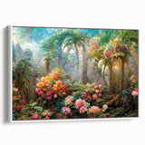 Framed canvas wall art depicting a vibrant rainforest landscape with lush greenery and detailed foliage, presented in a sleek white frame, enhancing any decor.