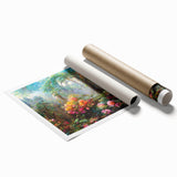 Vibrant rainforest landscape wall art print showcasing lush green foliage and tropical plants, rolled for easy shipping and display in a stylish interior setting.