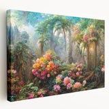 Stretched canvas wall art depicting a vibrant rainforest landscape, showcasing lush green foliage and intricate details, designed to enhance any interior decor.