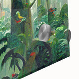 Close-up view of a vibrant rainforest landscape wall art piece, showcasing lush green foliage and intricate details, perfect for enhancing home decor with nature-inspired elegance.