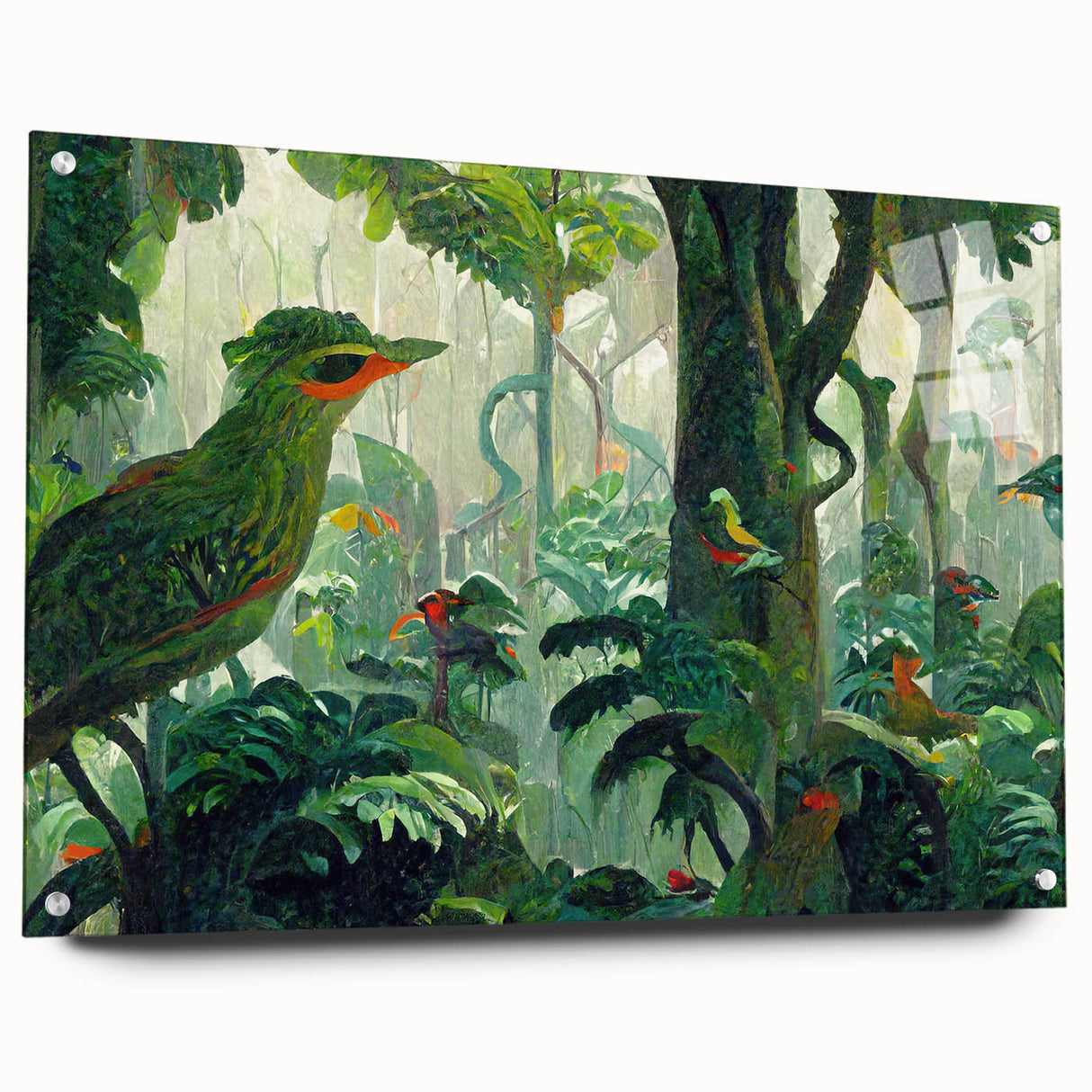 Acrylic glass wall art piece showcasing a vibrant rainforest landscape design, featuring rich greens and blues, mounted with decorative pins for display. Perfect for nature-inspired decor.
