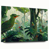 Acrylic glass wall art featuring a vibrant rainforest landscape design, showcasing lush greenery and colorful wildlife, perfect for enhancing modern decor.