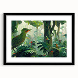 Framed rainforest landscape wall art collection showcasing vibrant green foliage and serene nature scenes, featuring a sleek black frame and matting for a modern touch.