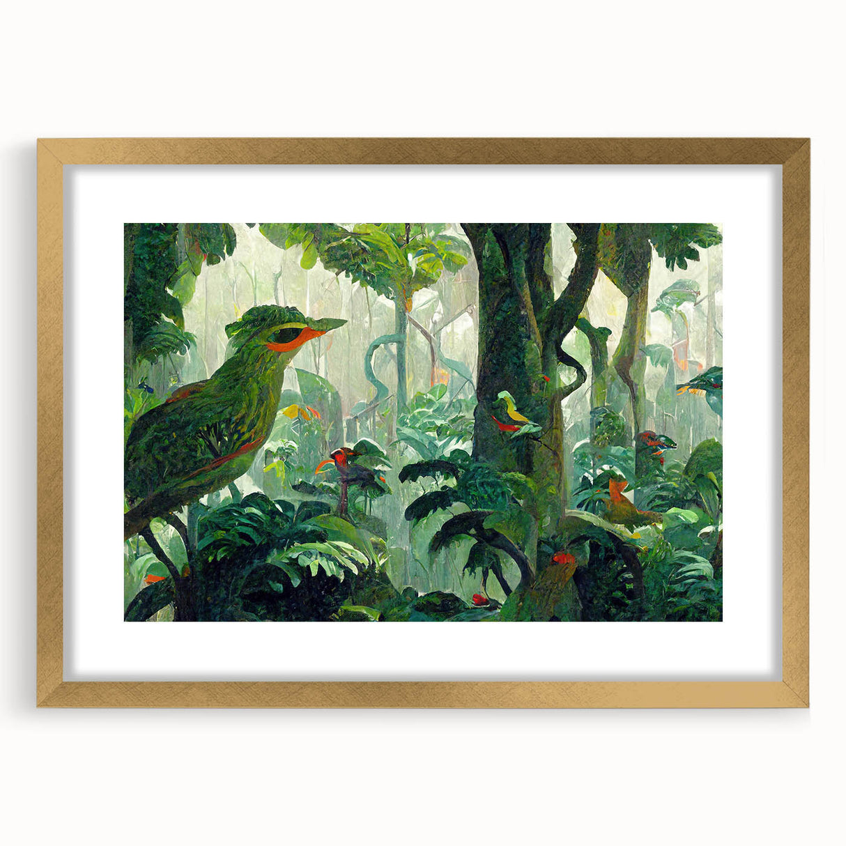 Framed wall art featuring a vibrant rainforest landscape design, showcasing lush greenery and intricate details. The gold frame enhances the artwork's elegance, perfect for home decor enthusiasts.