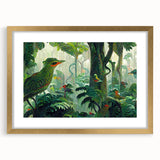 Framed wall art featuring a vibrant rainforest landscape design, showcasing lush greenery and intricate details. The gold frame enhances the artwork's elegance, perfect for home decor enthusiasts.