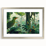 Framed wall art showcasing a vibrant rainforest landscape design with a silver mat, ideal for enhancing home decor and bringing nature indoors.