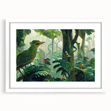 Framed rainforest landscape wall art featuring vibrant green foliage and intricate details, set in a white mat, perfect for enhancing home decor.